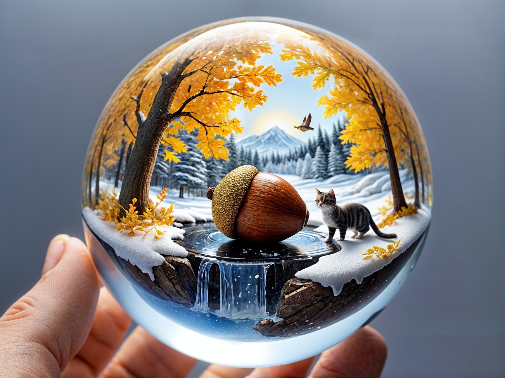 Crystal Ball with Autumn and Winter Landscape Scene