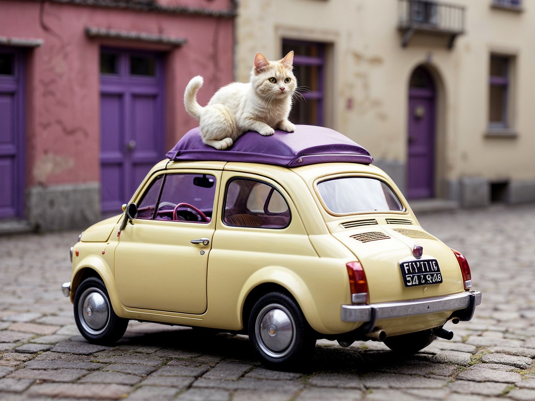 Vintage Yellow Car with Cat on Cobblestone Street