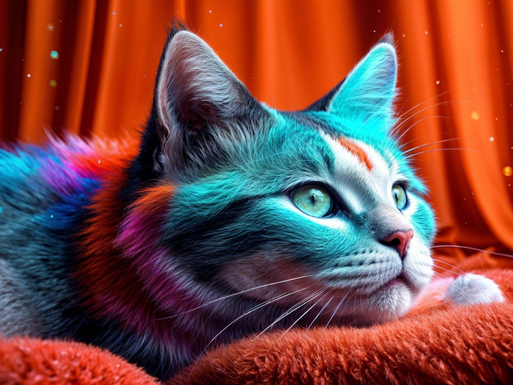 Close-up of a cat with teal and pink fur patterns