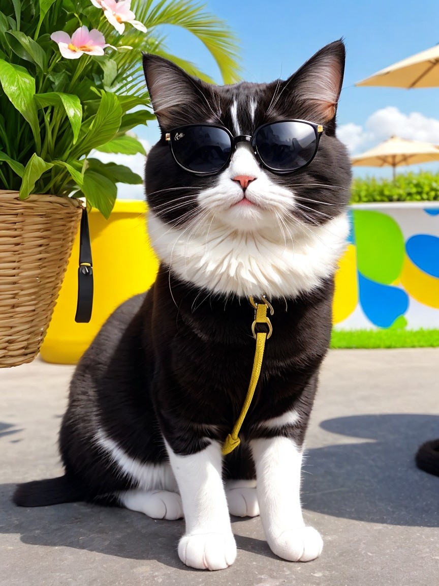 Stylish Black-and-White Cat in Sunglasses Outdoors