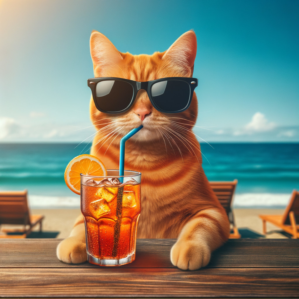 Cheerful orange cat with sunglasses at beach bar