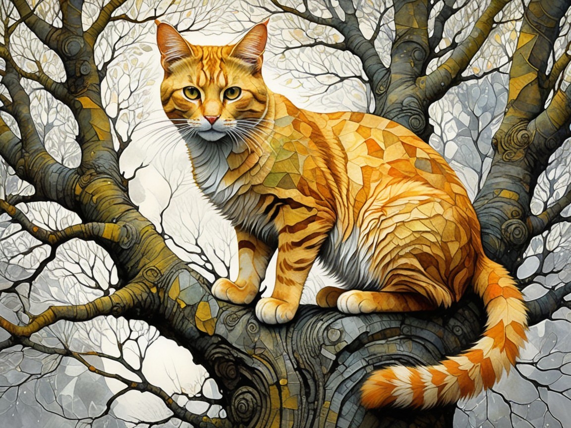 Orange Tabby Cat on Gnarled Tree Branch in Nature