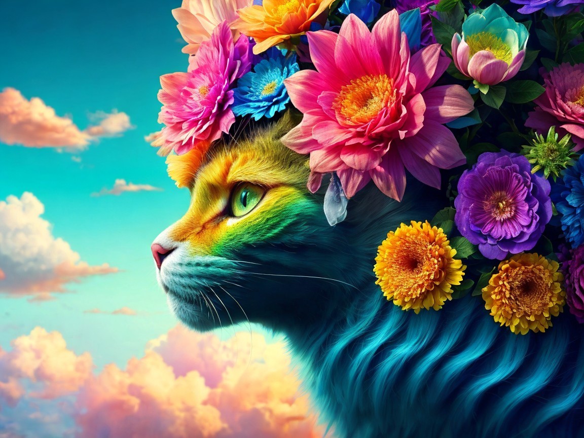 Whimsical Cat with Colorful Flowers and Pastel Sky