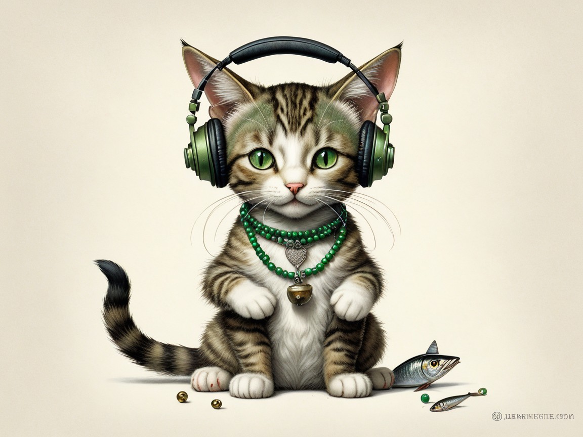 Whimsical Illustration of a Tabby Cat with Headphones