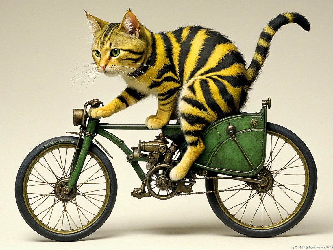 Striped Cat on Vintage Green Bicycle in Whimsical Scene