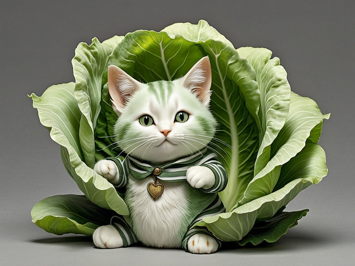 Playful Kitten in a Cabbage with Cute Outfit