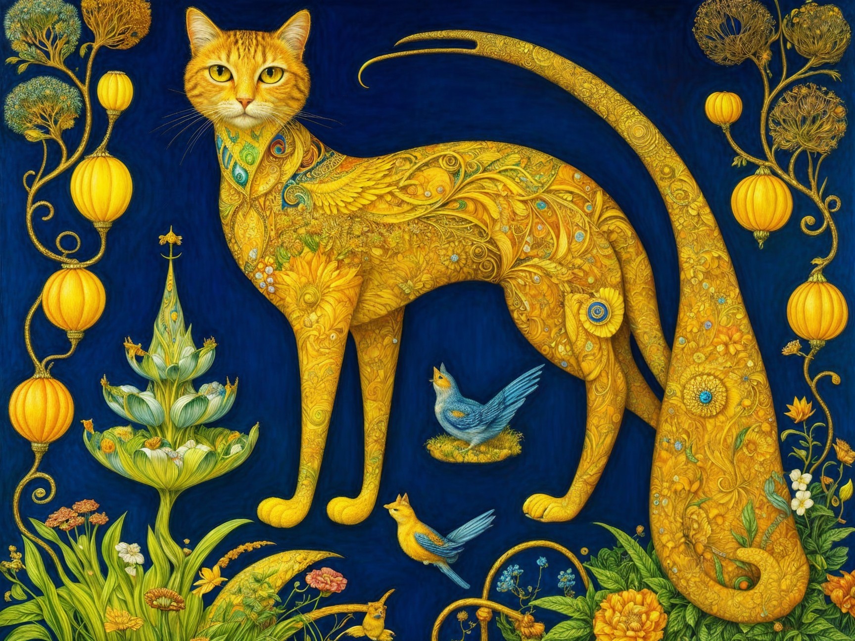 Vibrant Stylized Cat with Golden Patterns on Blue Background