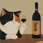 Calico Cat with Wine and Snacks at Wooden Table