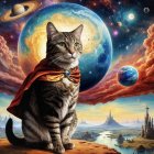 Majestic Tabby Cat in Cosmic Landscape Setting