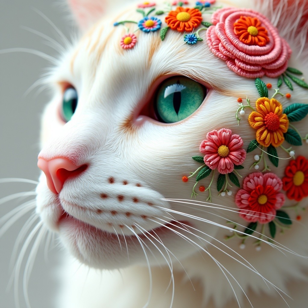 Close-up of a white cat with floral embroidery details