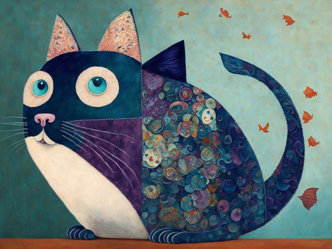 Whimsical Large Cat with Patchwork Coat and Fish Background