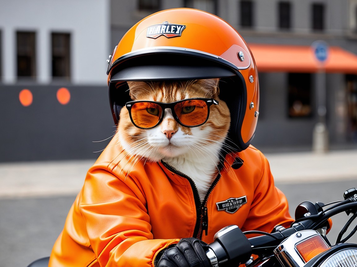 Fluffy Orange Cat in Motorcycle Gear in Urban Setting