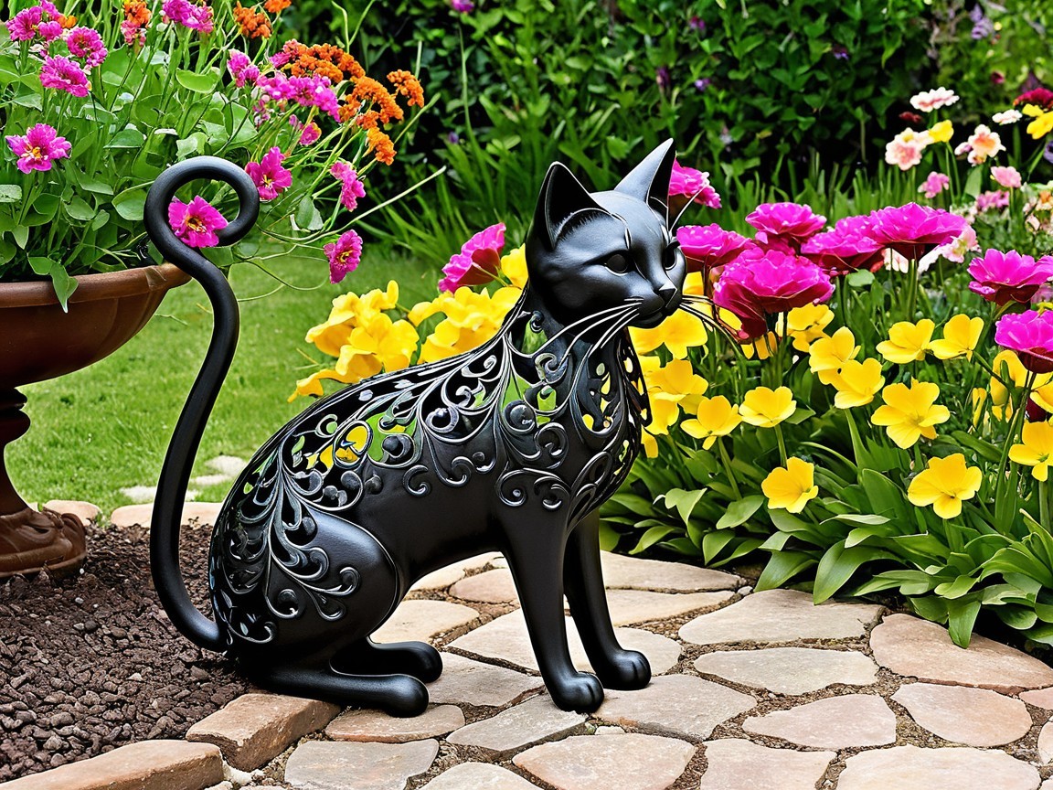 Black Cat Statue Surrounded by Colorful Garden Flowers
