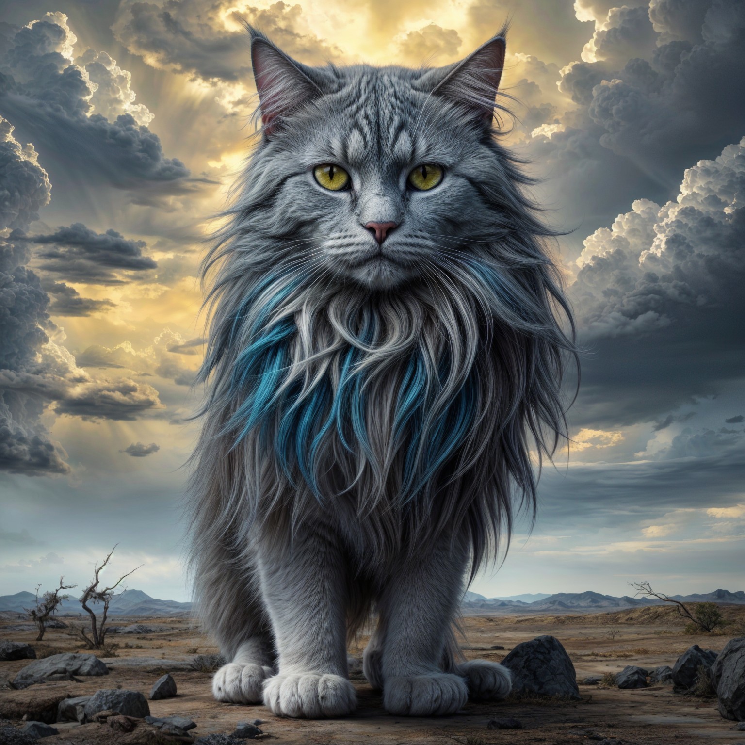 Majestic Gray Cat in Barren Landscape with Dramatic Sky