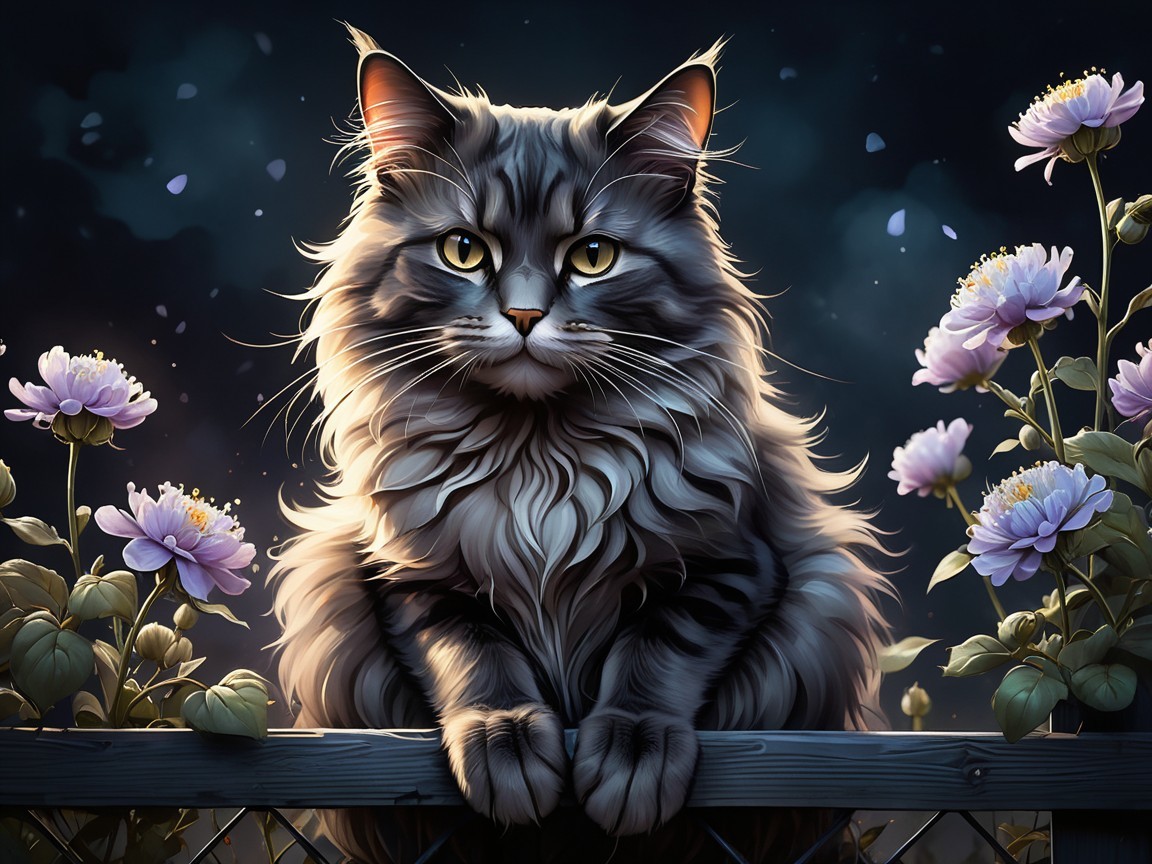 Majestic Maine Coon Cat on Wooden Fence at Twilight