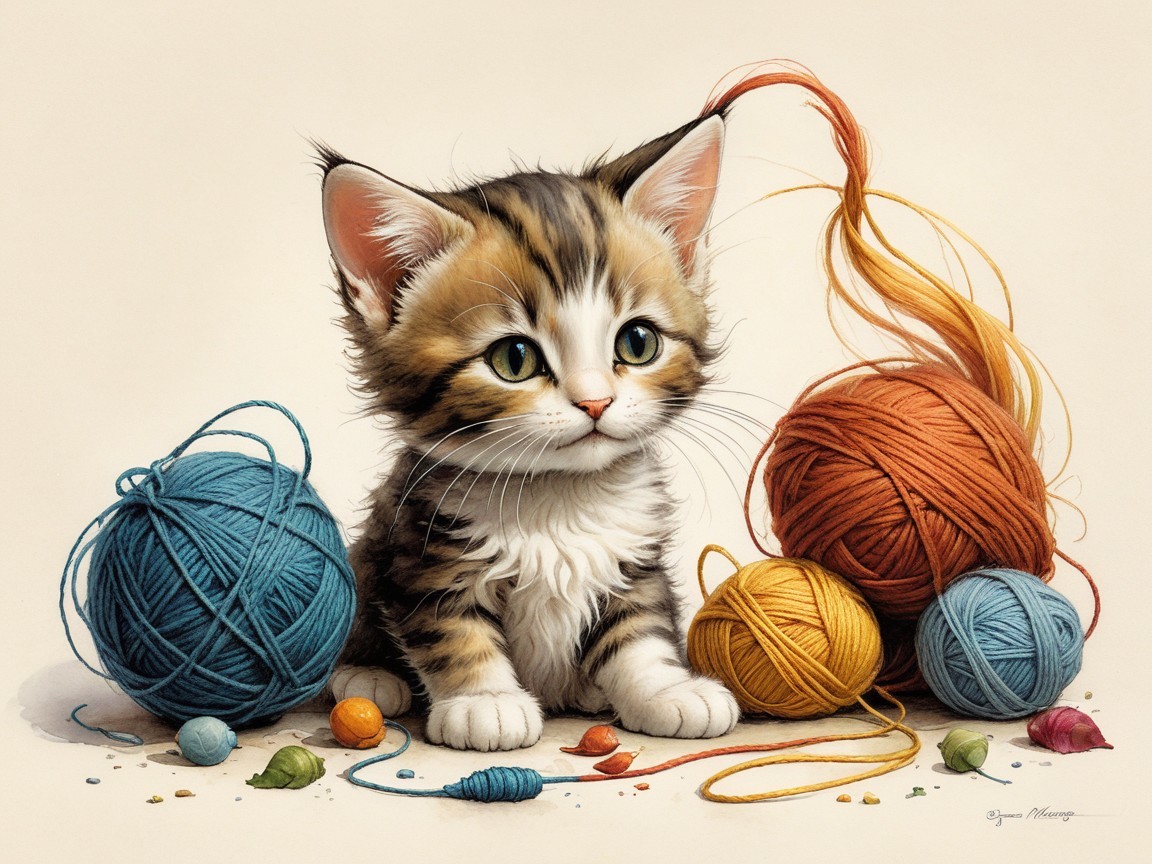 Fluffy kitten surrounded by colorful yarn balls and toys