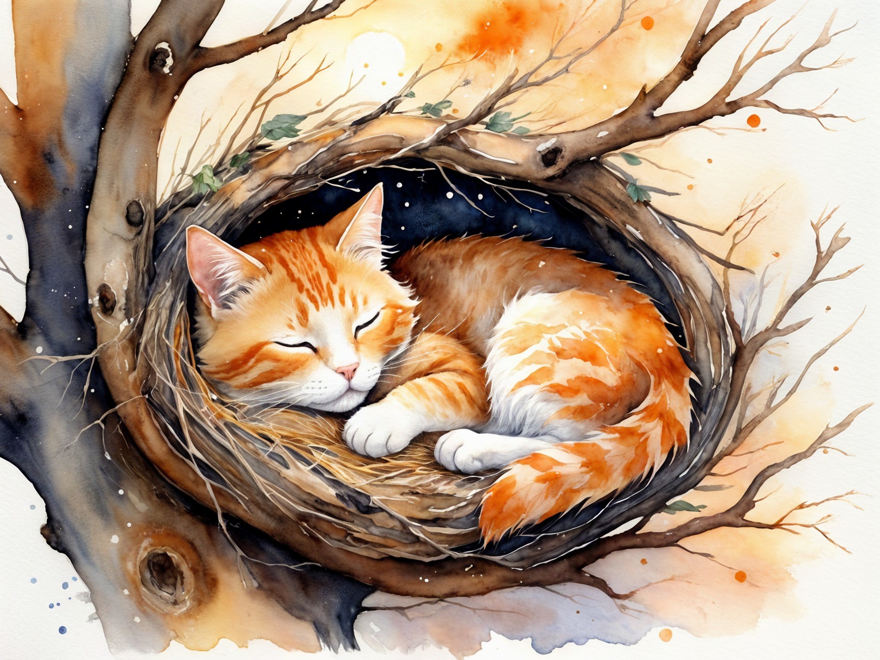 Watercolor of a sleeping orange tabby cat in a nest