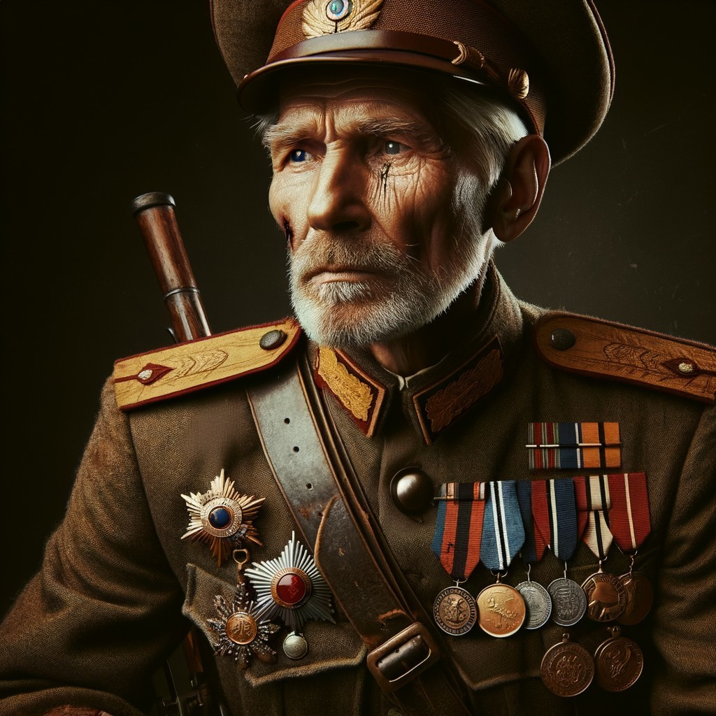 Elderly Soldier in Vintage Military Uniform with Medals
