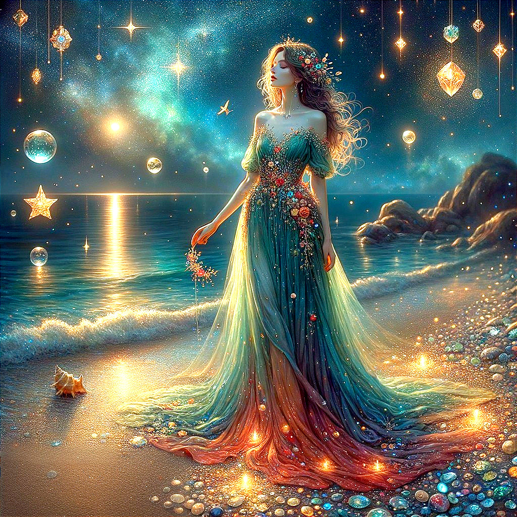 Mystical Figure on Shimmering Shoreline at Night