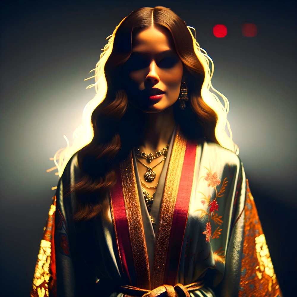 Mysterious Figure in Elegant Floral Robe and Jewelry