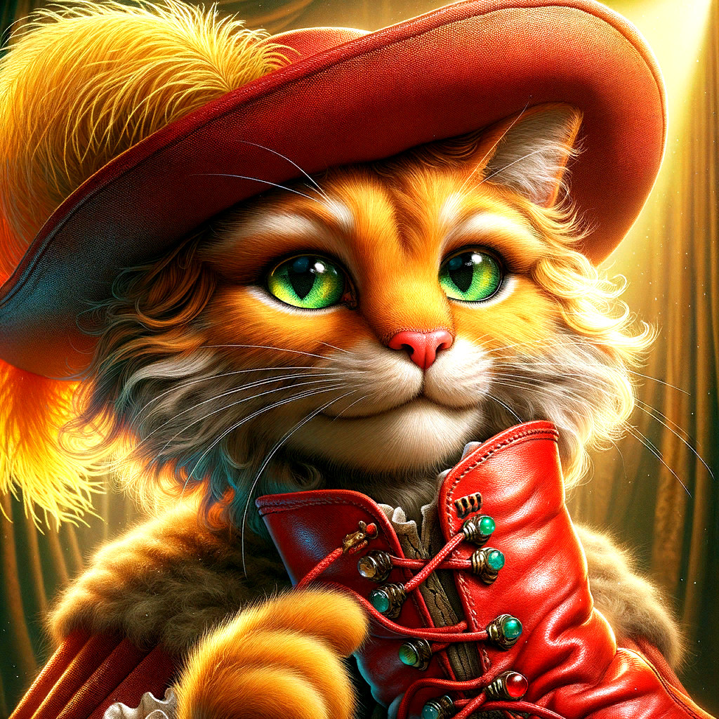 Anthropomorphic orange cat in flamboyant red attire