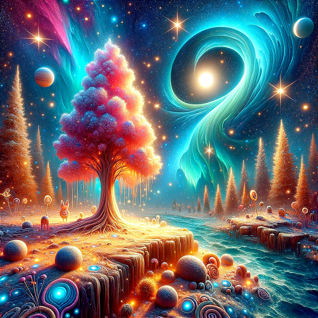 Surreal Landscape with Luminous Tree and Cosmic Elements