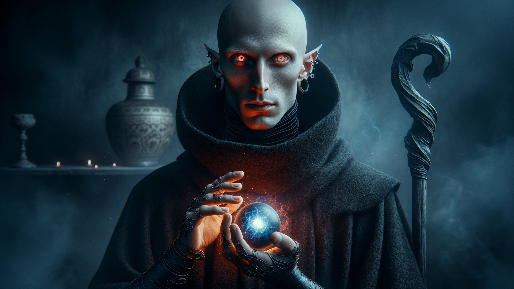 Cloaked Figure with Glowing Orb in Mystical Setting