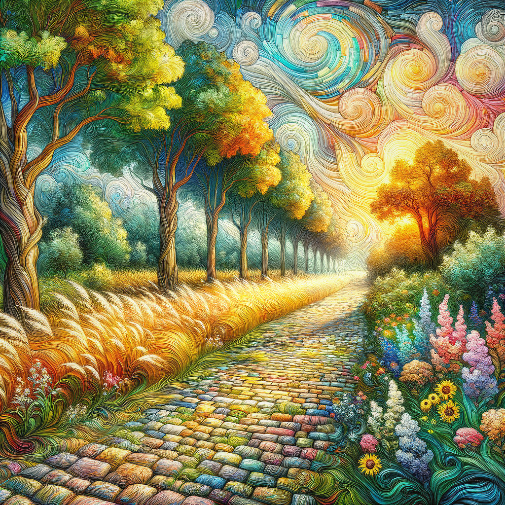 Vibrant Landscape with Cobblestone Path and Trees