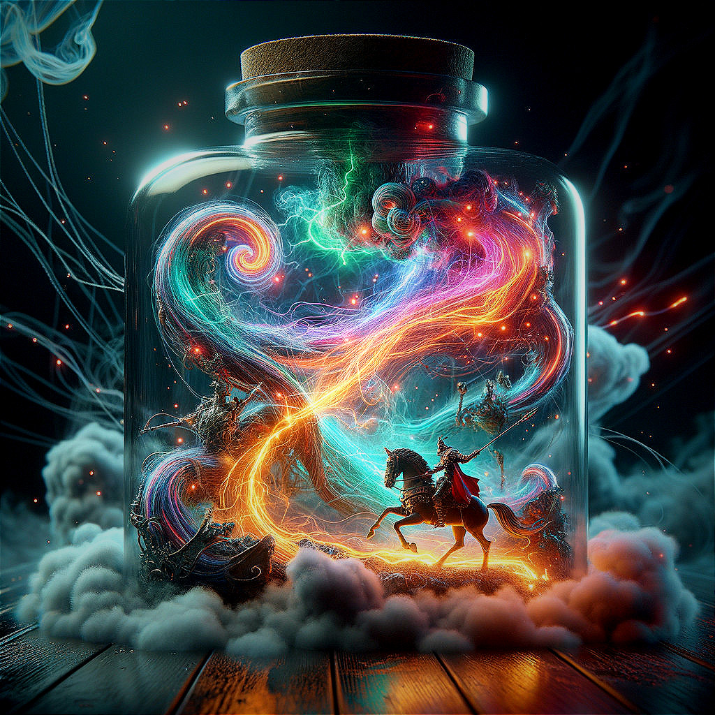 Magical Scene of Horse and Rider in Glass Jar