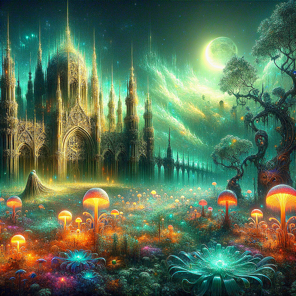 Surreal Landscape with Glowing Castle and Luminous Flora
