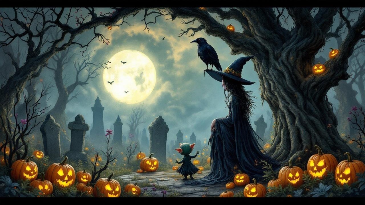 Moonlit Graveyard with Witch and Jack-o'-Lanterns