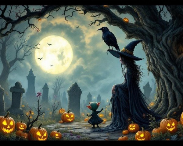 Moonlit Graveyard with Witch and Jack-o'-Lanterns