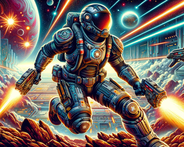 Futuristic Astronaut in Cosmic Landscape with Energy Weapons