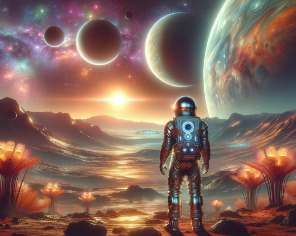 Astronaut on Alien Landscape with Cosmic Background