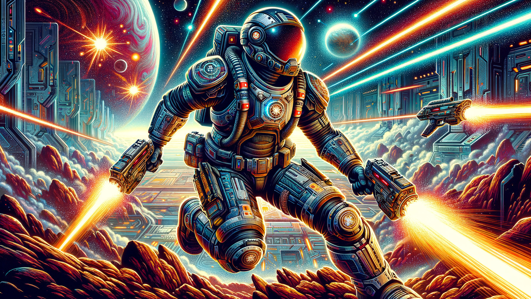 Futuristic Astronaut in Cosmic Landscape with Energy Weapons