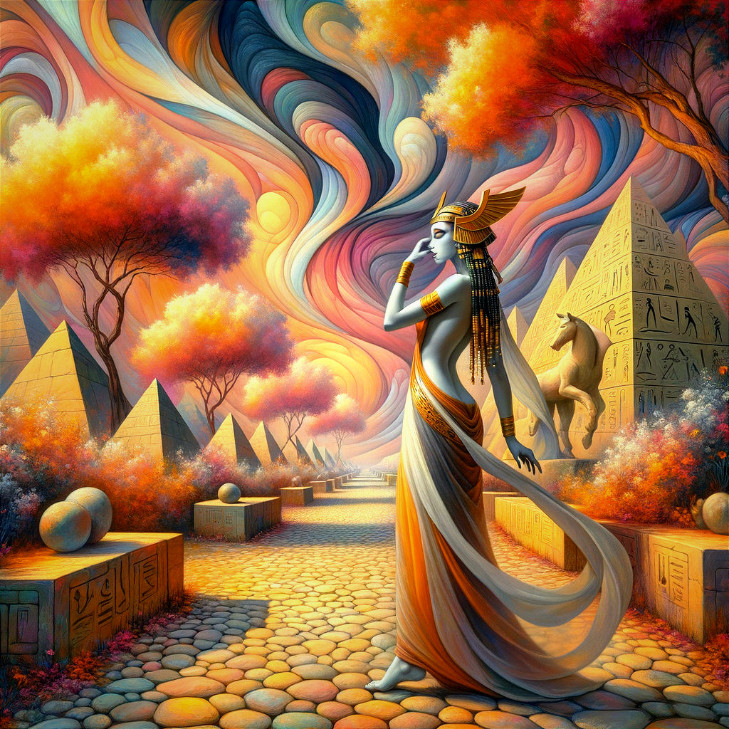 Serene Figure in Flowing Gown in Ancient Landscape