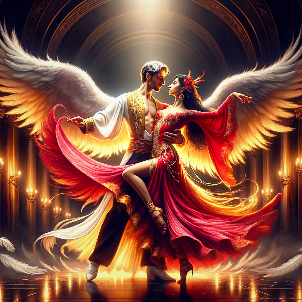 Couple Dancing in Opulent Setting with White Wings