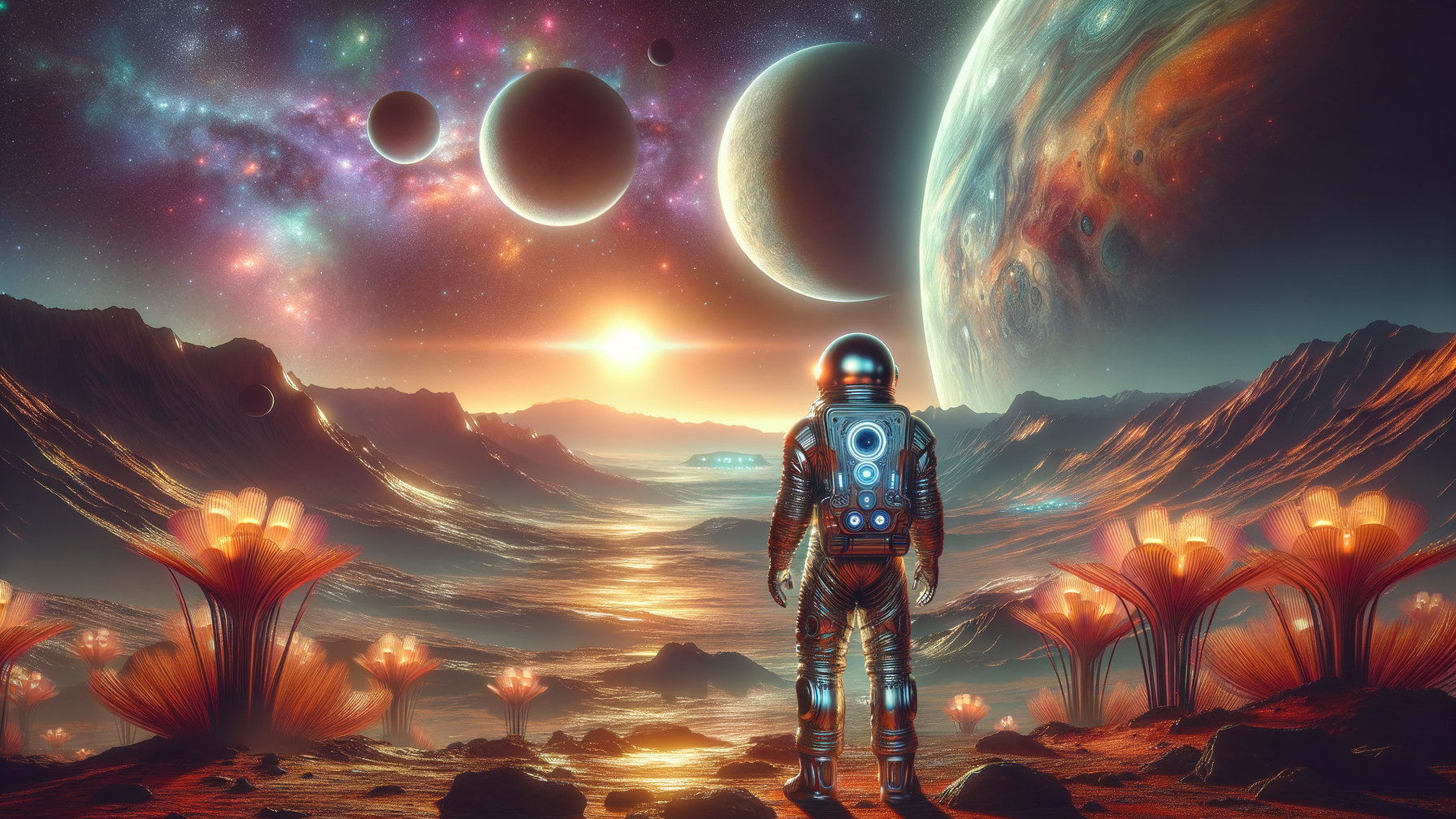 Astronaut on Alien Landscape with Cosmic Background