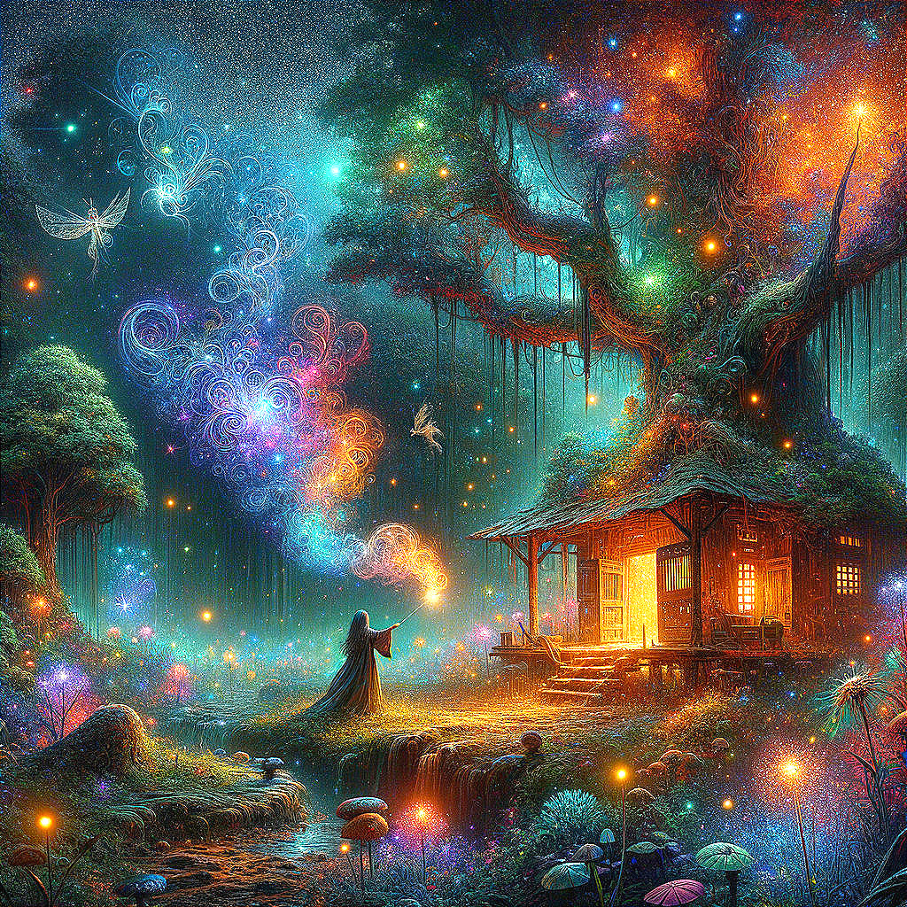 Twilight Scene with Glowing Tree and Enchanted Cottage