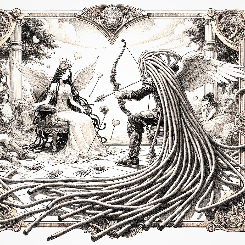 Angelic Figure Aiming Bow at Queen in Lush Landscape