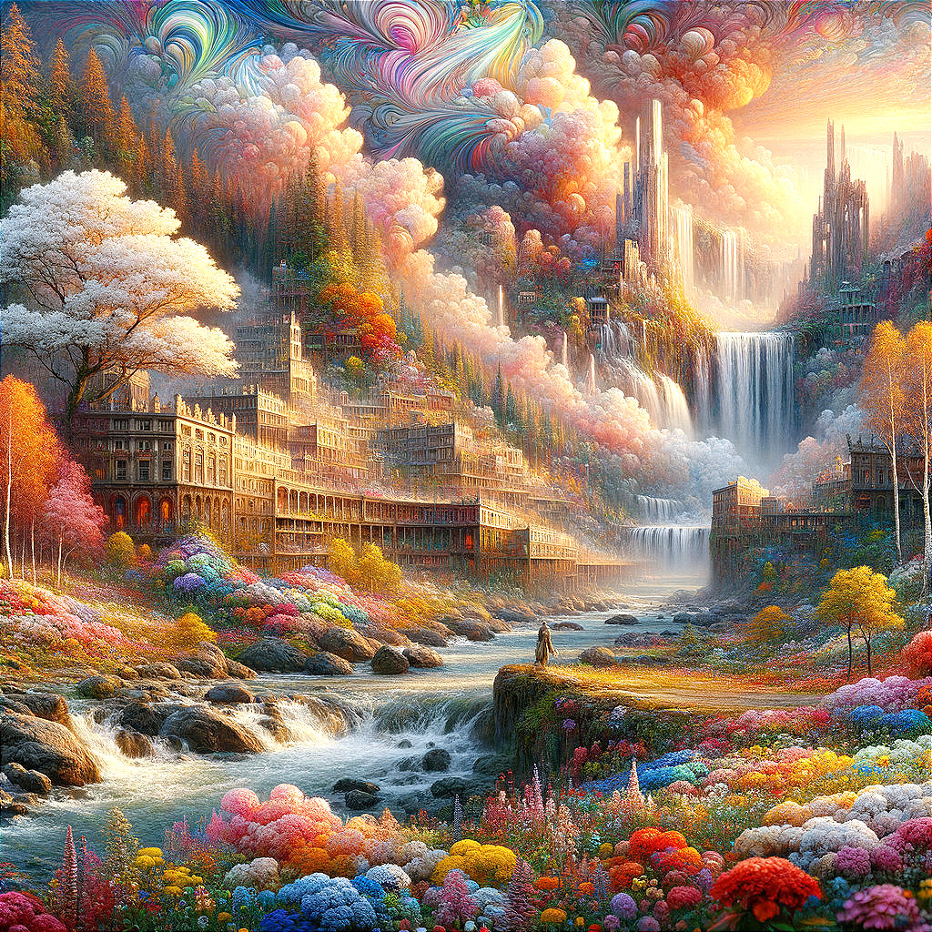 Fantastical Landscape with Waterfalls and Colorful Skies