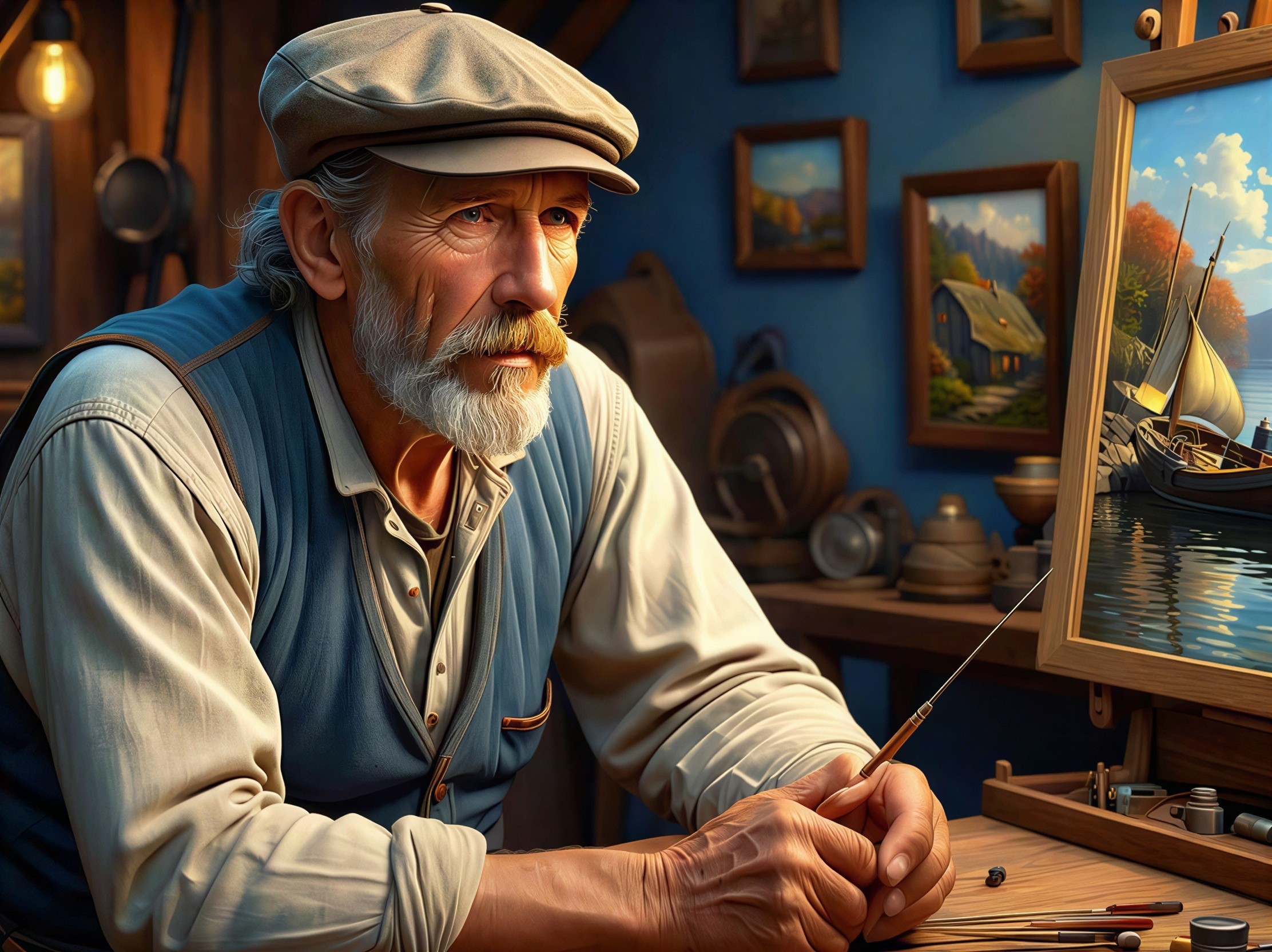 Elderly man painting nautical scene in studio setting