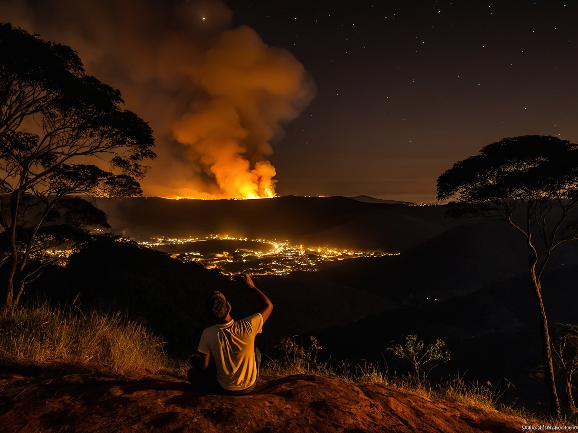 Night Sky View with Fire and Twinkling Town Lights