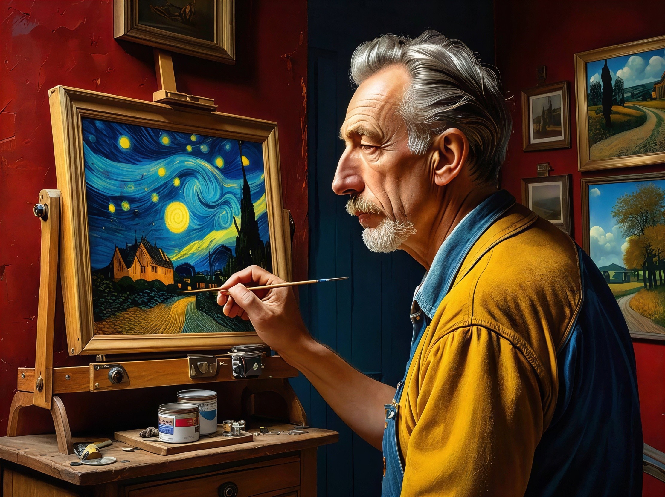 Vintage Portrait of an Elderly Man Painting in Dark Room
