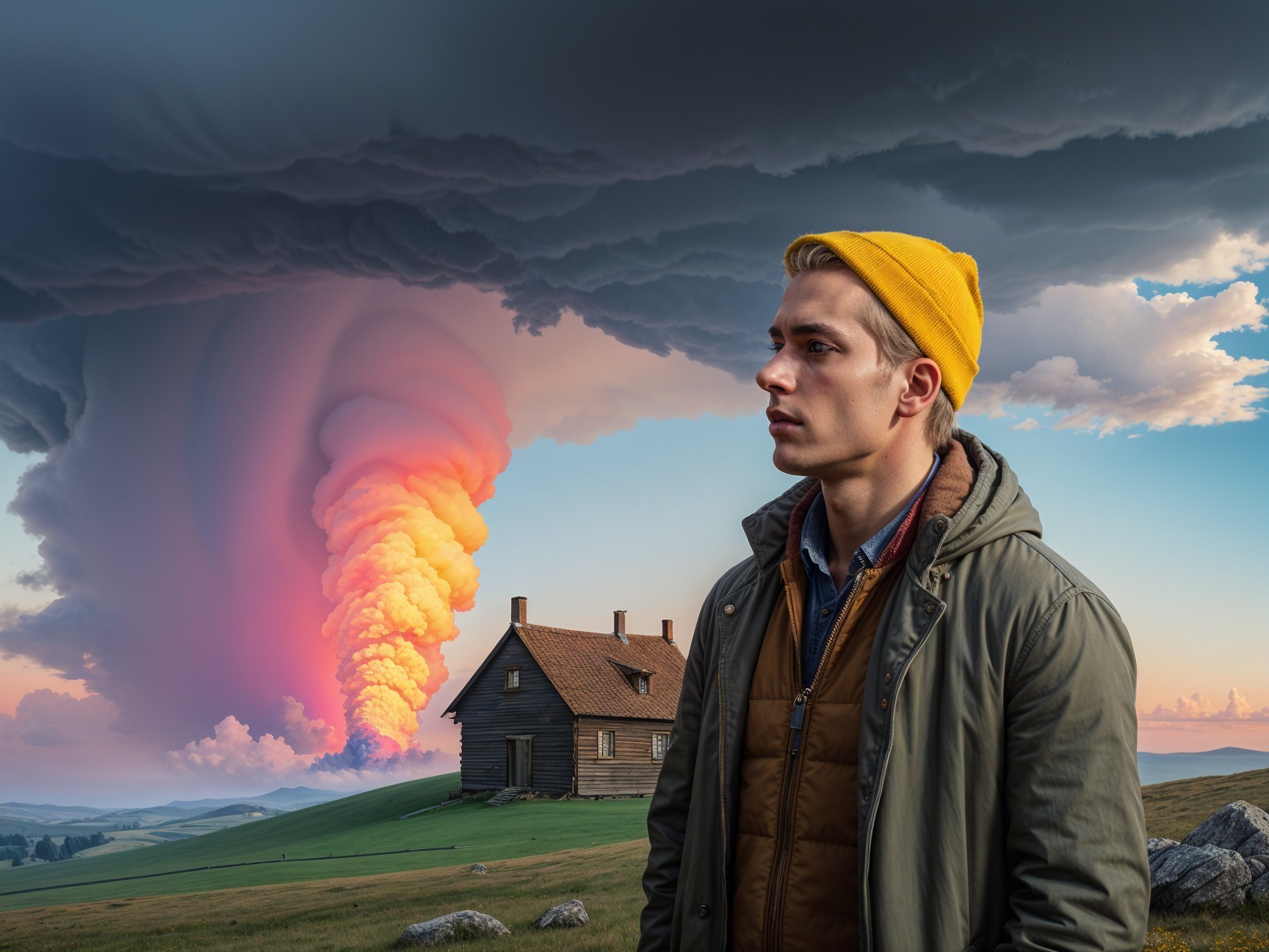 Young man in yellow beanie beside rustic cabin and storm