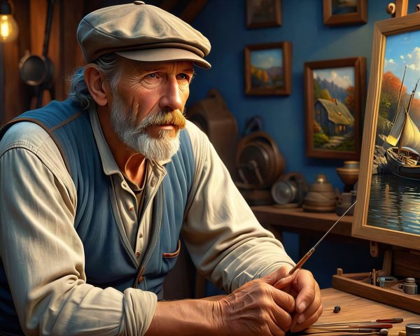 Elderly man painting nautical scene in studio setting
