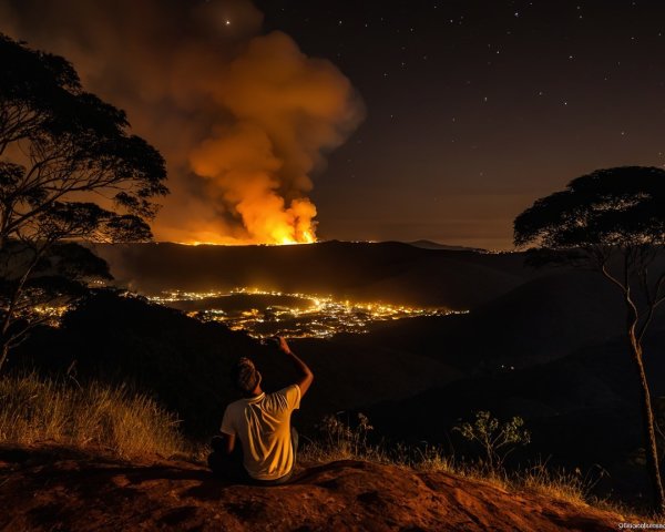 Night Sky View with Fire and Twinkling Town Lights