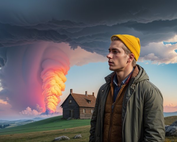 Young man in yellow beanie beside rustic cabin and storm