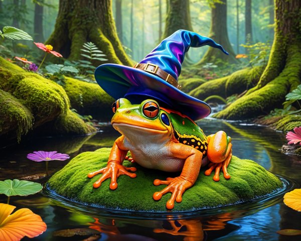 Vibrant Frog in Wizard Hat on Mossy Island Stream