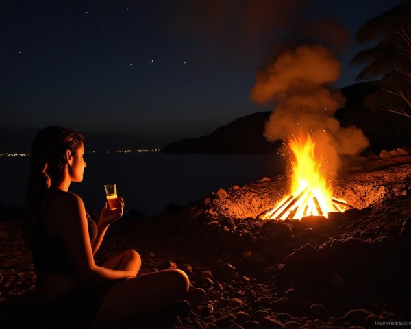 Nighttime Campfire Scene with Woman and Stars